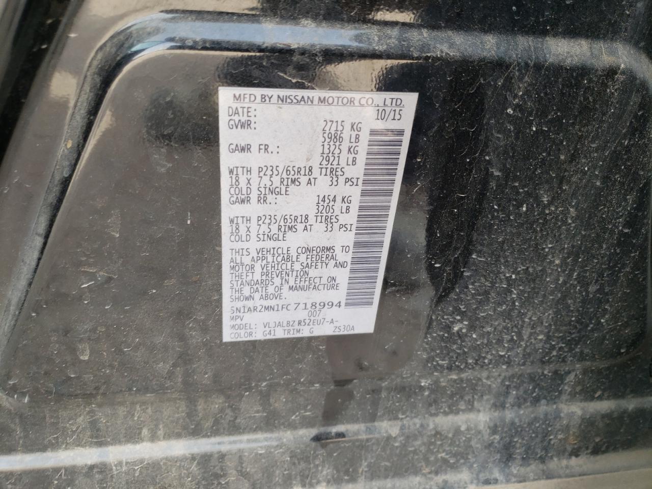 Photo 10 from auction – 2015 NISSAN PATHFINDER with VIN 5N1AR2MN1FC718994