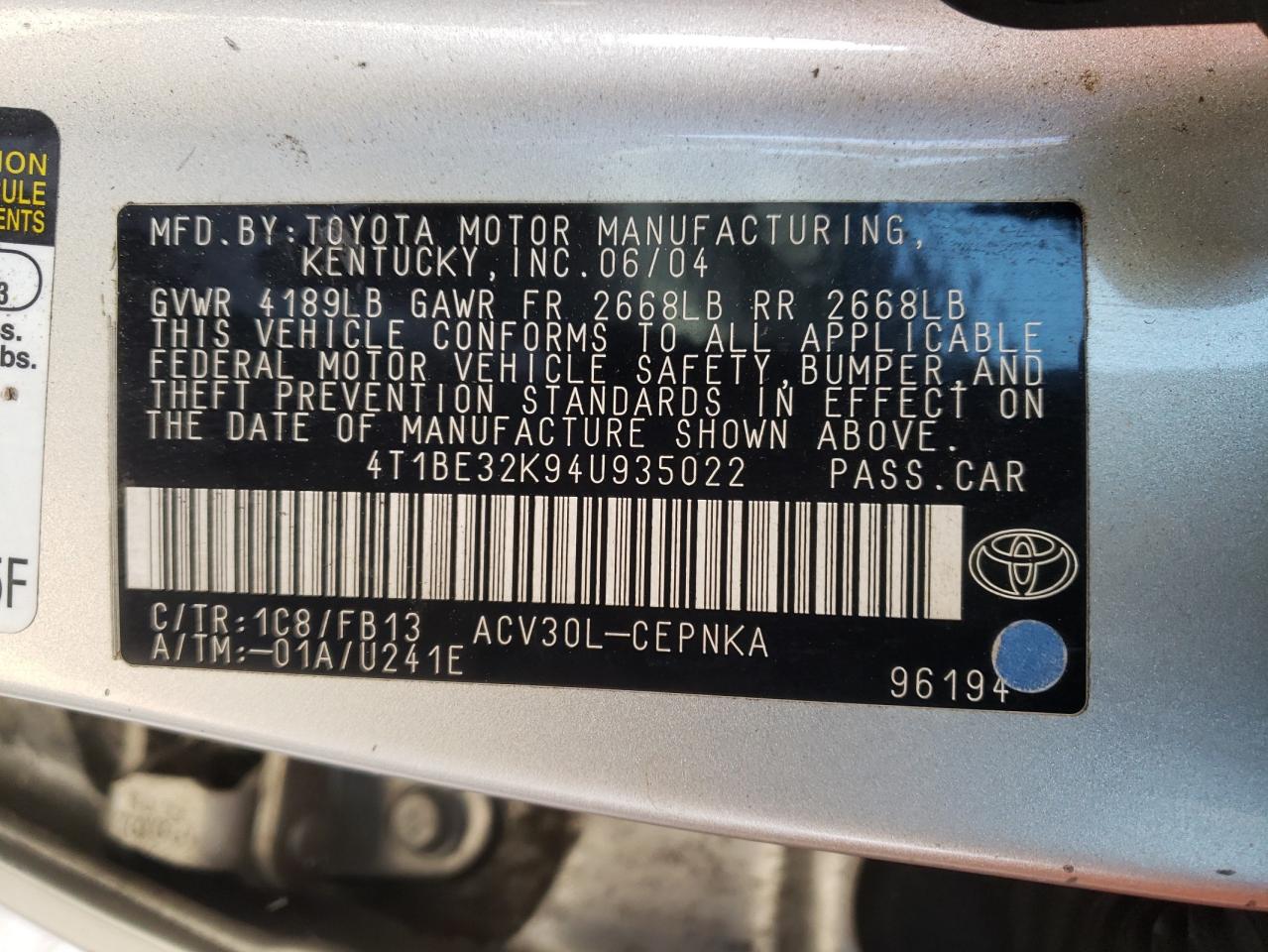 Photo 10 from auction – 2004 TOYOTA CAMRY LE with VIN 4T1BE32K94U935022