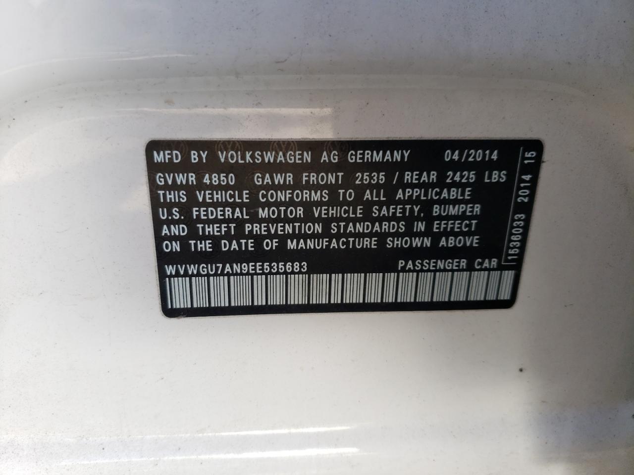 Photo 10 from auction – 2014 VOLKSWAGEN CC VR6 4MO with VIN WVWGU7AN9EE535683