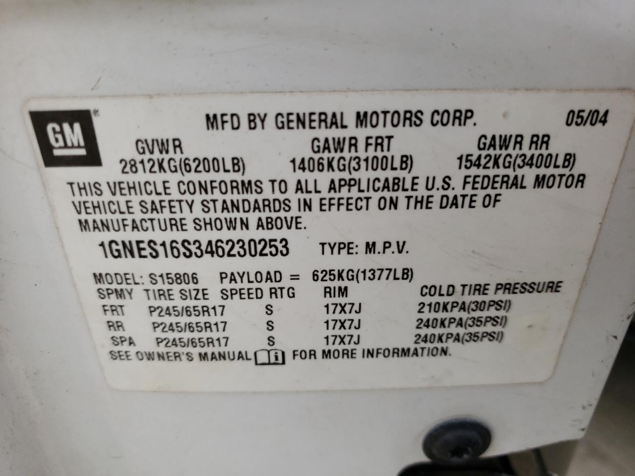 Photo 10 from auction – 2004 CHEVROLET TRAILBLAZE with VIN 1GNES16S346230253