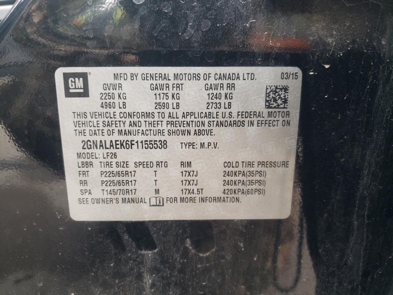 Photo 10 from auction – 2015 CHEVROLET EQUINOX with VIN 2GNALAEK6F1155538