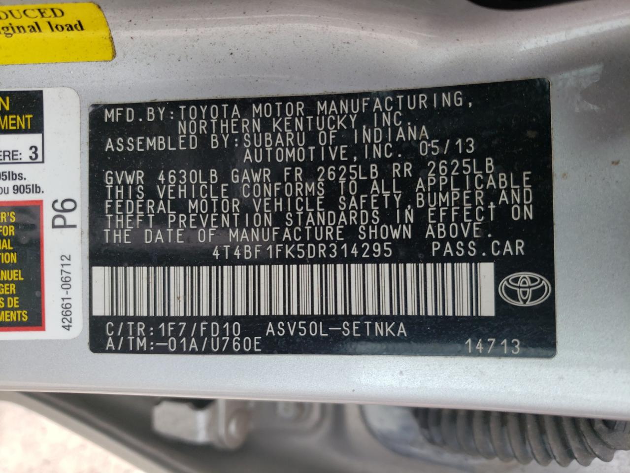 Photo 10 from auction – 2013 TOYOTA CAMRY L with VIN 4T4BF1FK5DR314295
