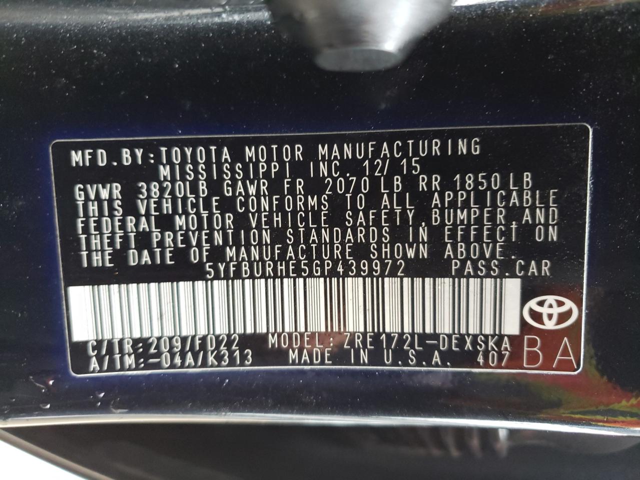 Photo 10 from auction – 2016 TOYOTA COROLLA L with VIN 5YFBURHE5GP439972