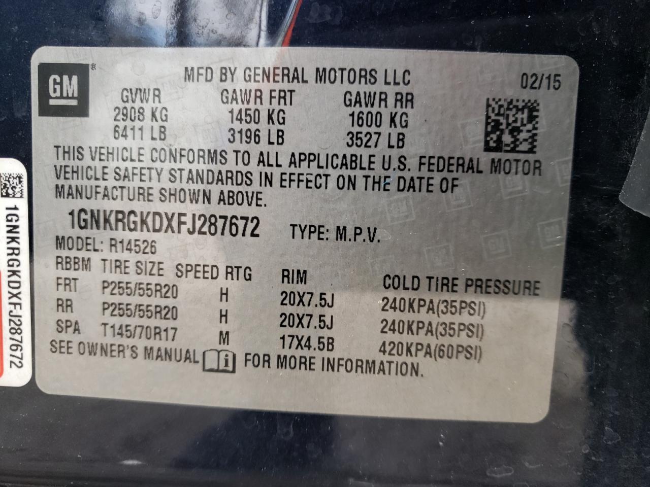 Photo 10 from auction – 2015 CHEVROLET TRAVERSE L with VIN 1GNKRGKDXFJ287672