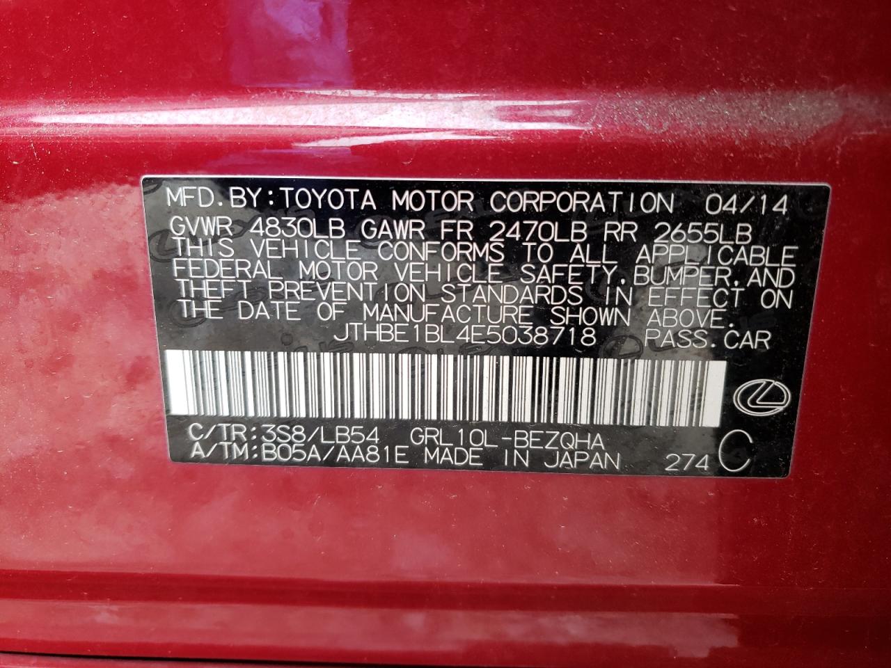 Photo 10 from auction – 2014 LEXUS GS 350 with VIN JTHBE1BL4E5038718