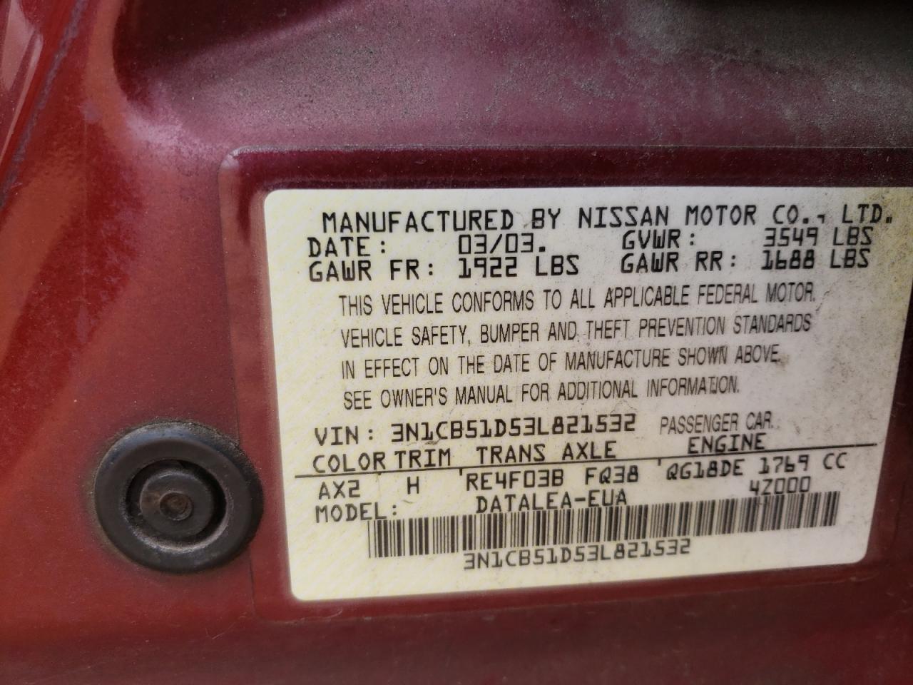 Photo 10 from auction – 2003 NISSAN SENTRA XE with VIN 3N1CB51D53L821532