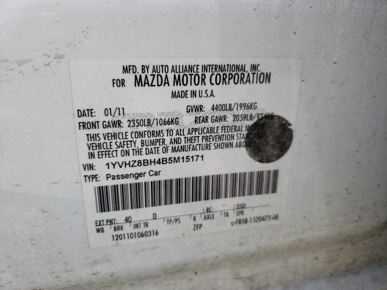 Photo 10 from auction – 2011 MAZDA 6 I with VIN 1YVHZ8BH4B5M15171