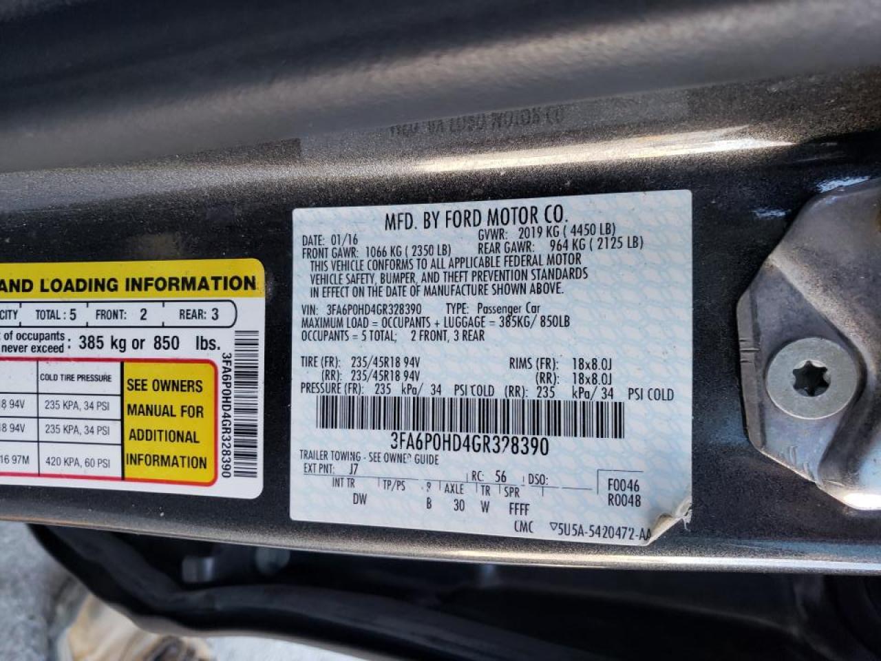 Photo 10 from auction – 2016 FORD FUSION SE with VIN 3FA6P0HD4GR328390