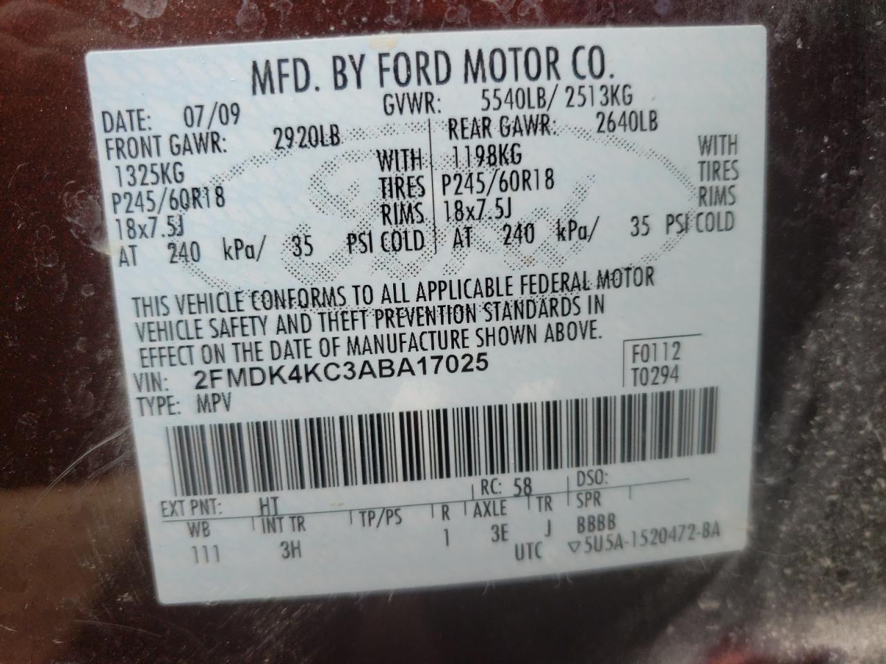 Photo 10 from auction – 2010 FORD EDGE LIMIT with VIN 2FMDK4KC3ABA17025