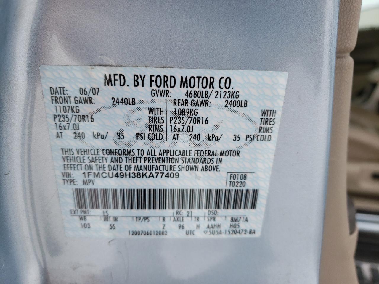 Photo 10 from auction – 2008 FORD ESCAPE HEV with VIN 1FMCU49H38KA77409