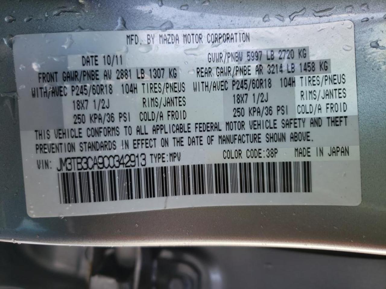 Photo 10 from auction – 2012 MAZDA CX-9 with VIN JM3TB3CA9C0342913