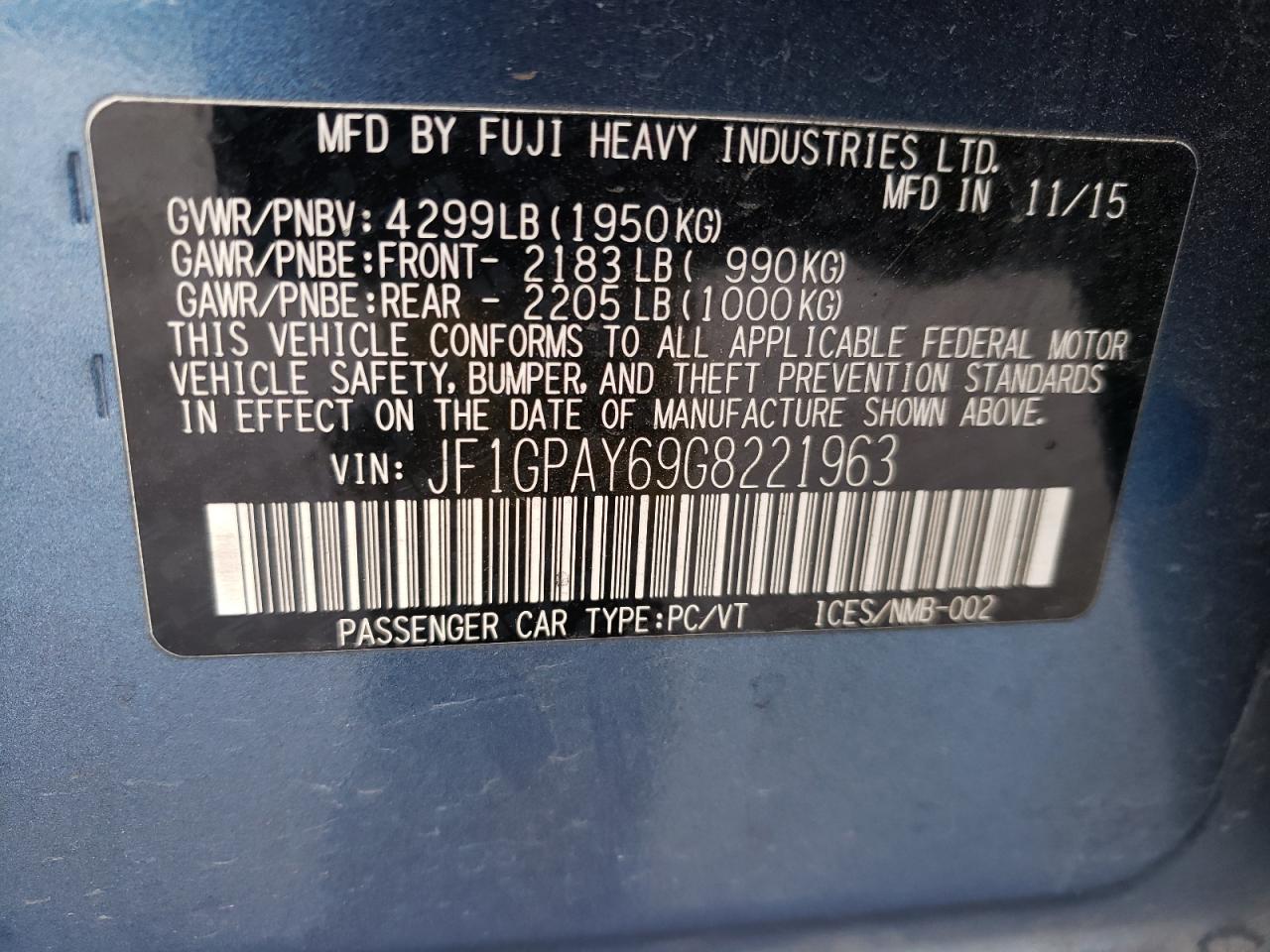 Photo 10 from auction – 2016 SUBARU IMPREZA SP with VIN JF1GPAY69G8221963