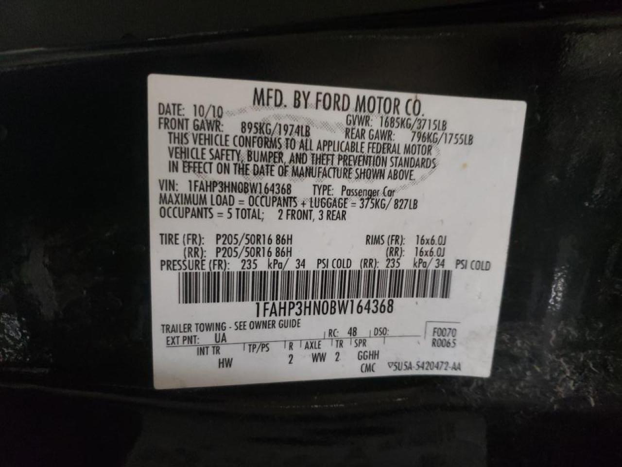 Photo 10 from auction – 2011 FORD FOCUS SEL with VIN 1FAHP3HN0BW164368