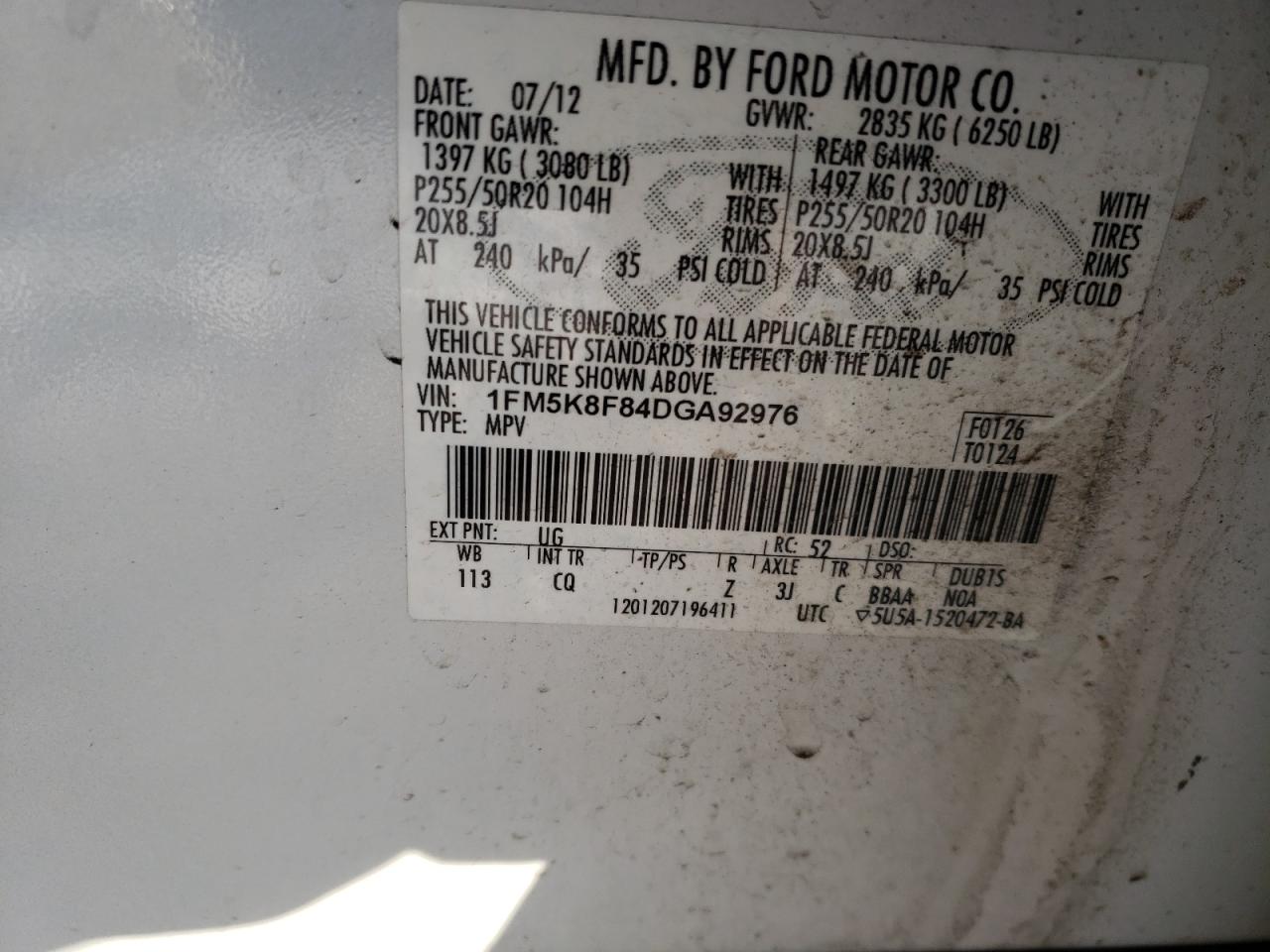 Photo 10 from auction – 2013 FORD EXPLORER L with VIN 1FM5K8F84DGA92976