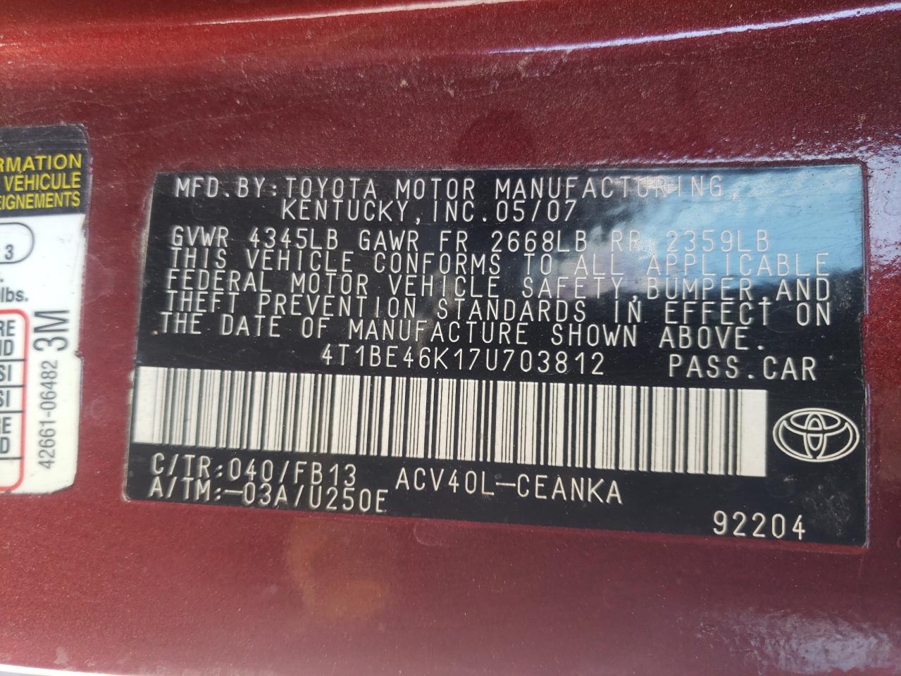 Photo 10 from auction – 2007 TOYOTA CAMRY with VIN 4T1BE46K17U703812