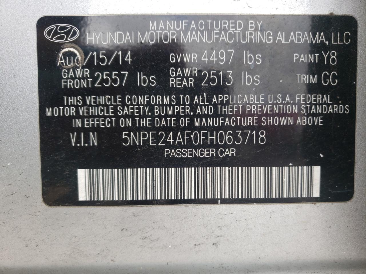 Photo 10 from auction – 2015 HYUNDAI SONATA SE with VIN 5NPE24AF0FH063718