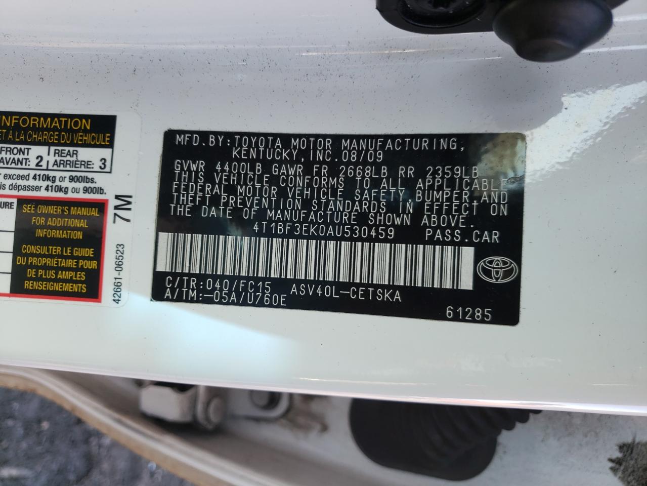 Photo 10 from auction – 2010 TOYOTA CAMRY BASE with VIN 4T1BF3EK0AU530459