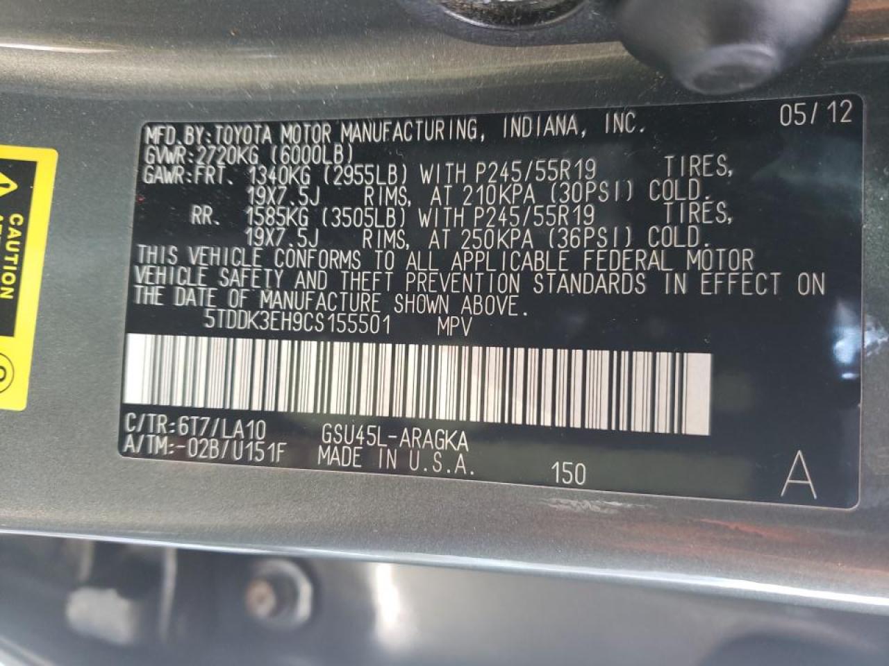 Photo 10 from auction – 2012 TOYOTA HIGHLANDER with VIN 5TDDK3EH9CS155501