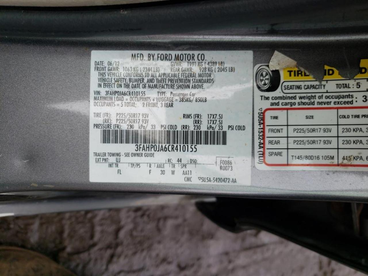 Photo 10 from auction – 2012 FORD FUSION SEL with VIN 3FAHP0JA6CR410155