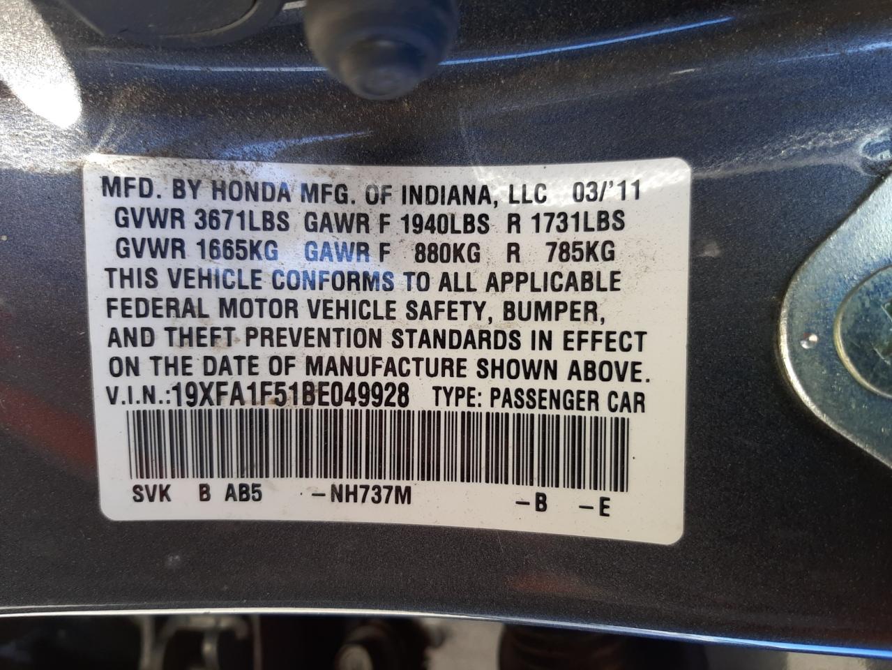 Photo 10 from auction – 2011 HONDA CIVIC LX with VIN 19XFA1F51BE049928