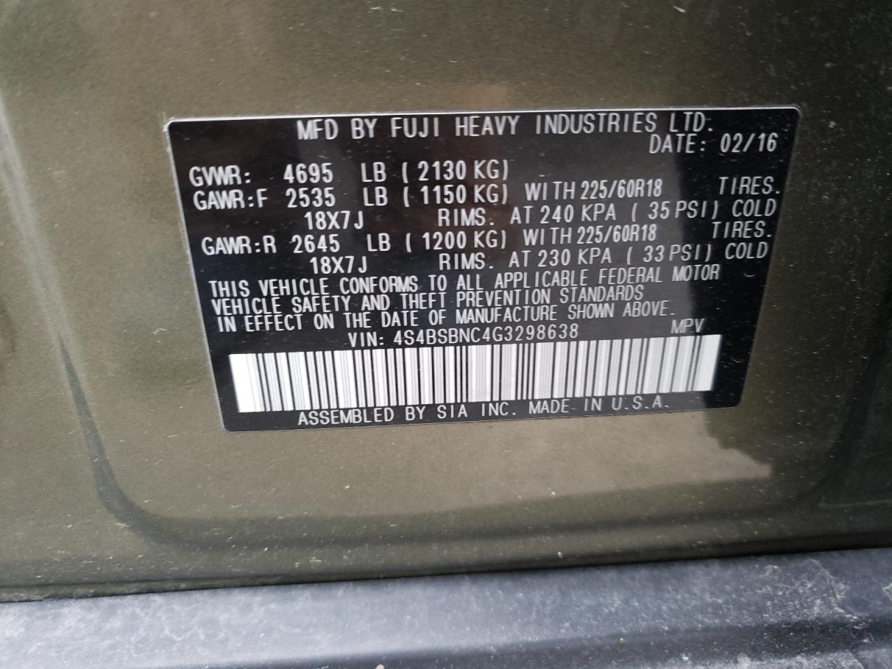 Photo 10 from auction – 2016 SUBARU OUTBACK 2. with VIN 4S4BSBNC4G3298638