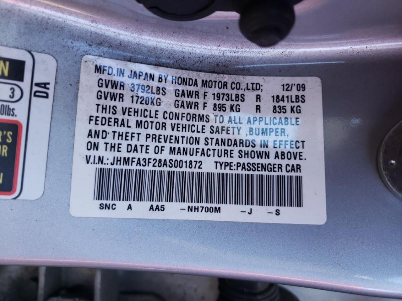 Photo 10 from auction – 2010 HONDA CIVIC HYBR with VIN JHMFA3F28AS001872