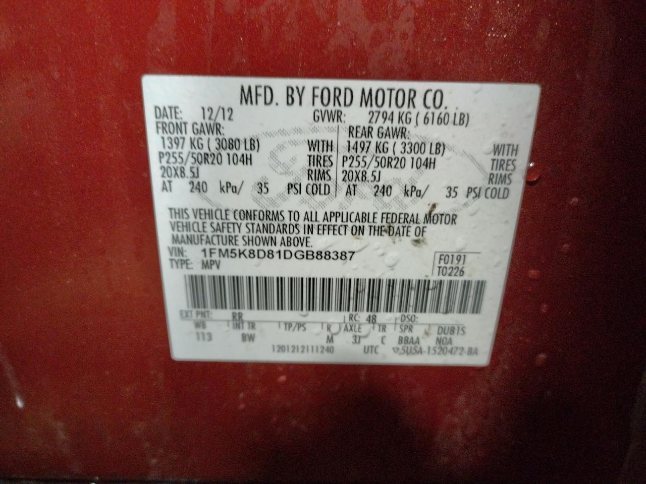 Photo 10 from auction – 2013 FORD EXPLORER X with VIN 1FM5K8D81DGB88387