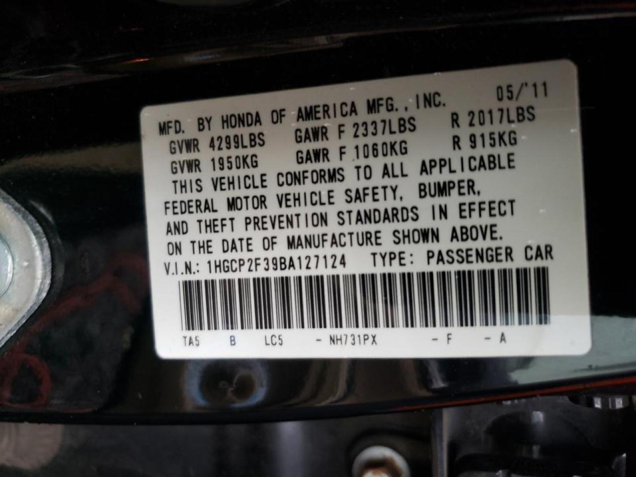 Photo 10 from auction – 2011 HONDA ACCORD LX with VIN 1HGCP2F39BA127124