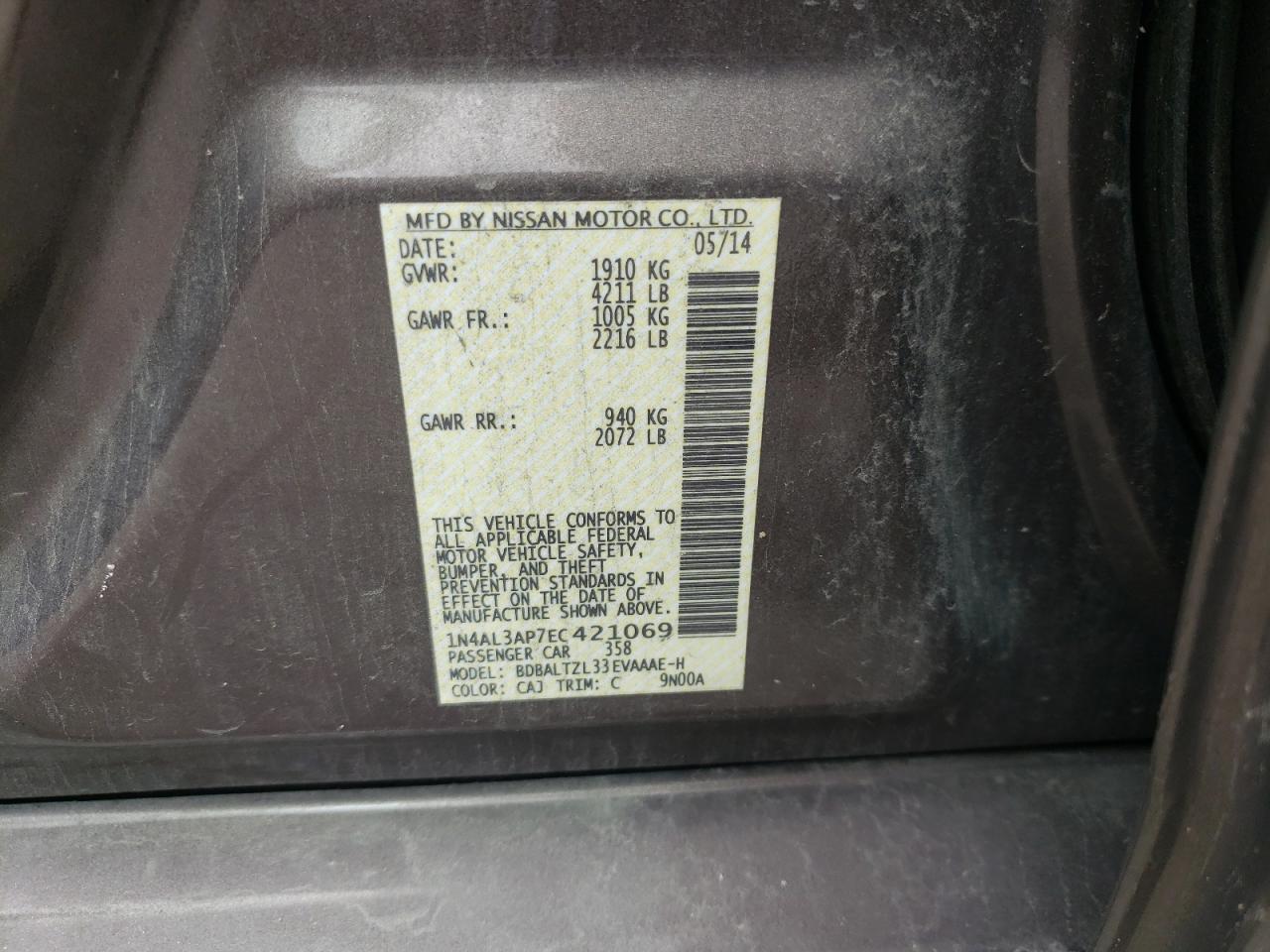 Photo 10 from auction – 2014 NISSAN ALTIMA 2.5 with VIN 1N4AL3AP7EC421069