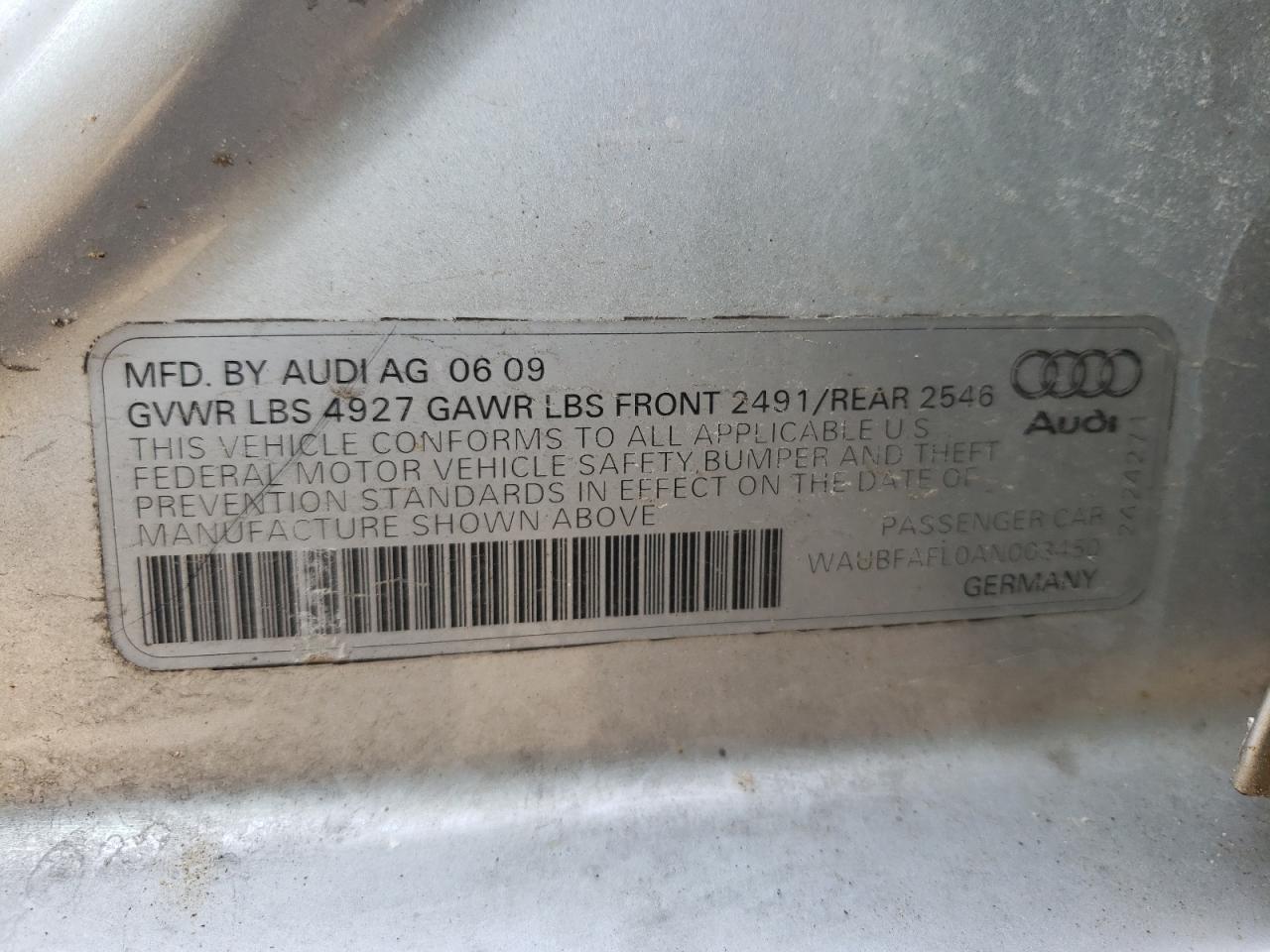 Photo 10 from auction – 2010 AUDI A4 PREMIUM with VIN WAUBFAFL0AN003450