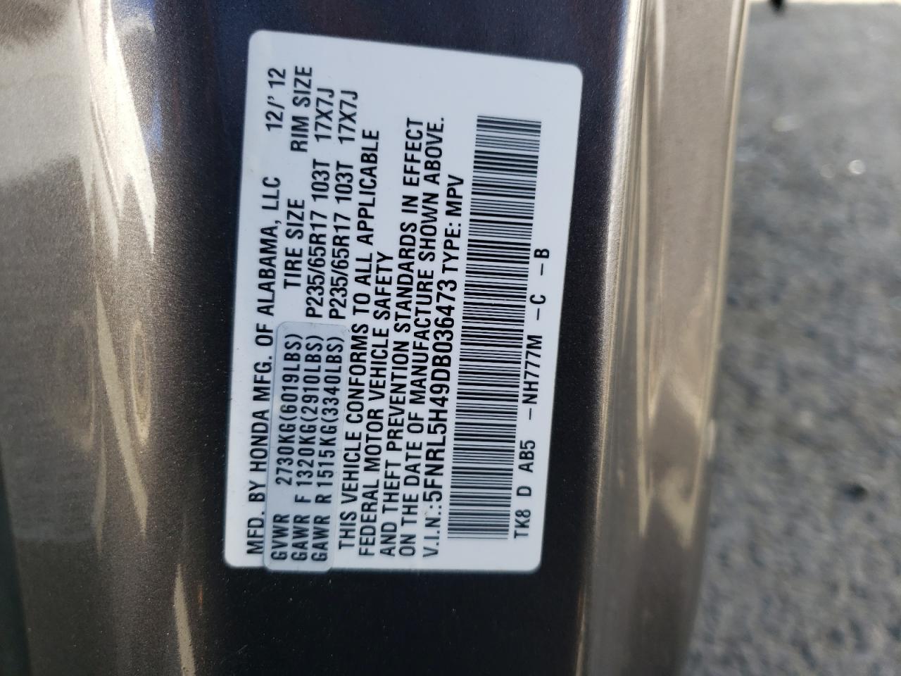 Photo 10 from auction – 2013 HONDA ODYSSEY EX with VIN 5FNRL5H49DB036473