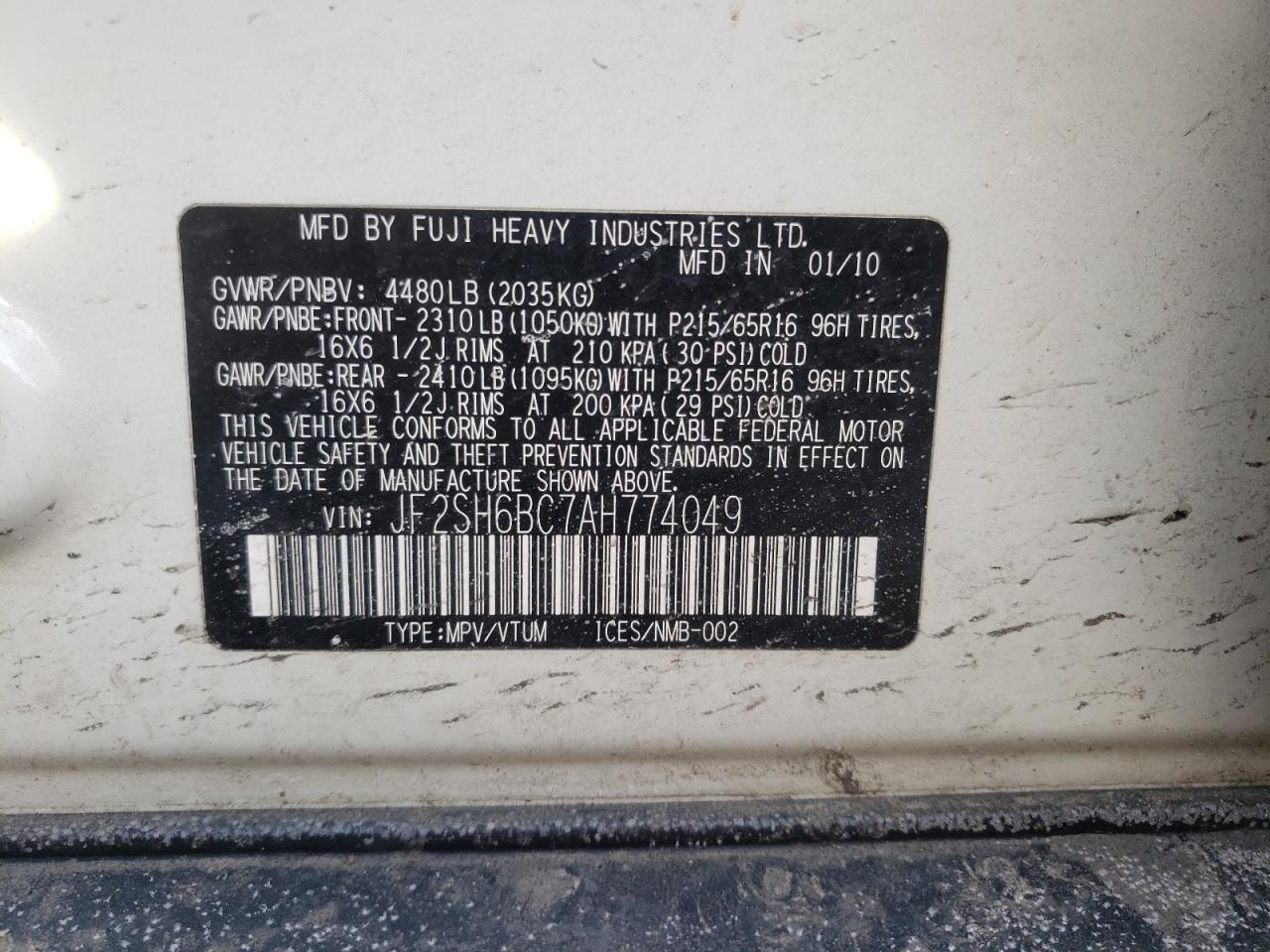 Photo 10 from auction – 2010 SUBARU FORESTER X with VIN JF2SH6BC7AH774049