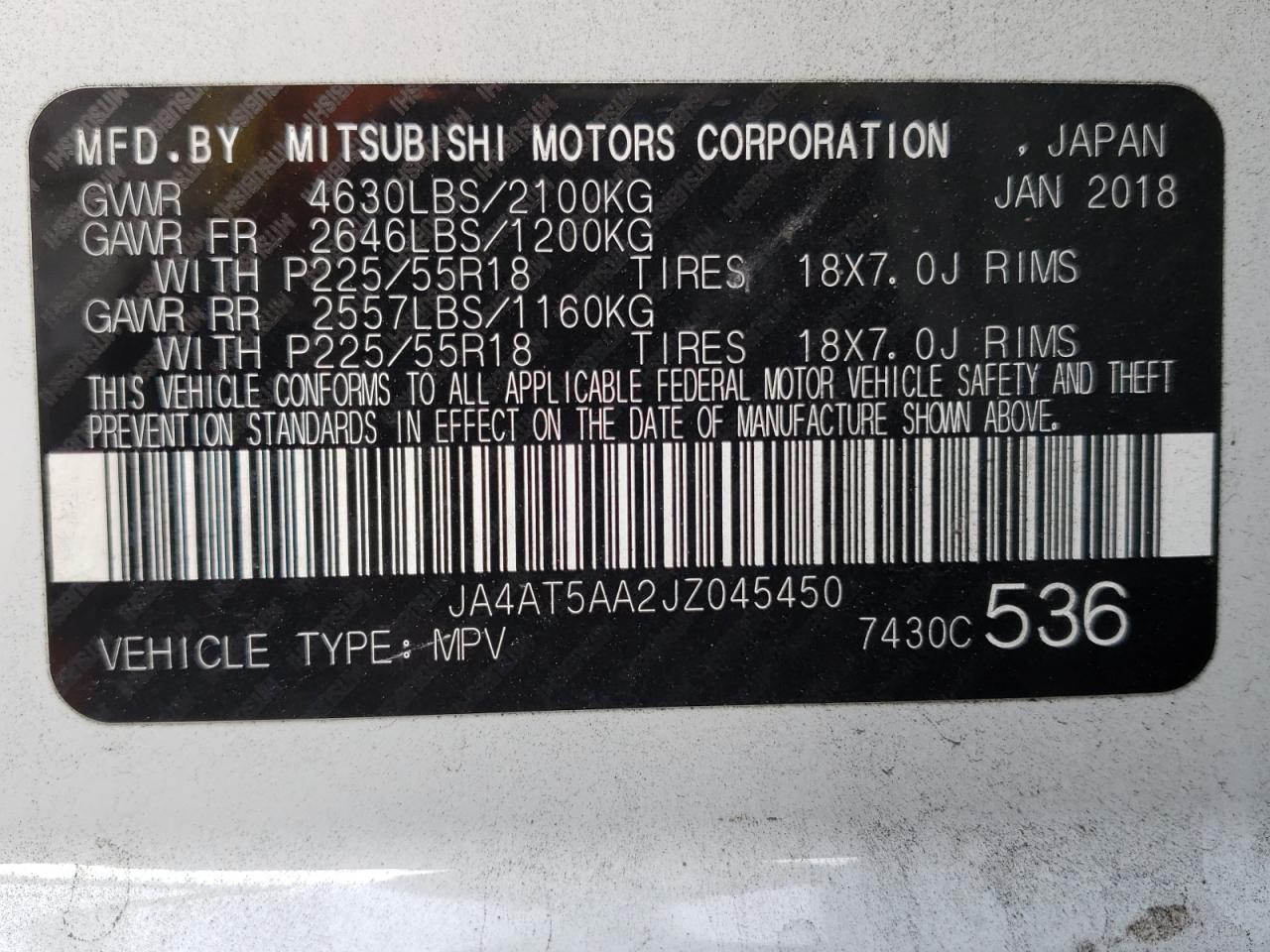 Photo 10 from auction – 2018 MITSUBISHI ECLIPSE CR with VIN JA4AT5AA2JZ045450