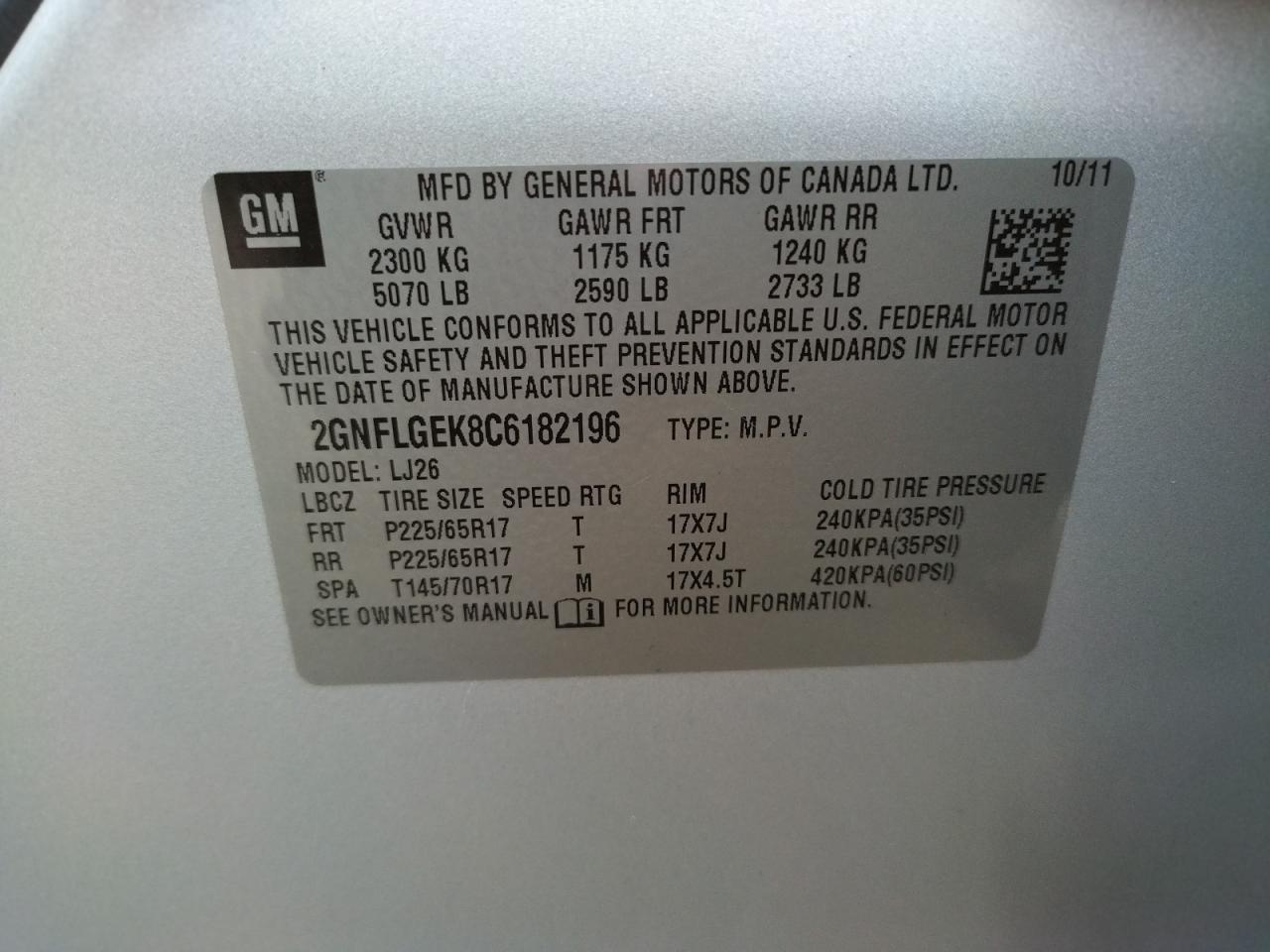Photo 10 from auction – 2012 CHEVROLET EQUINOX LT with VIN 2GNFLGEK8C6182196