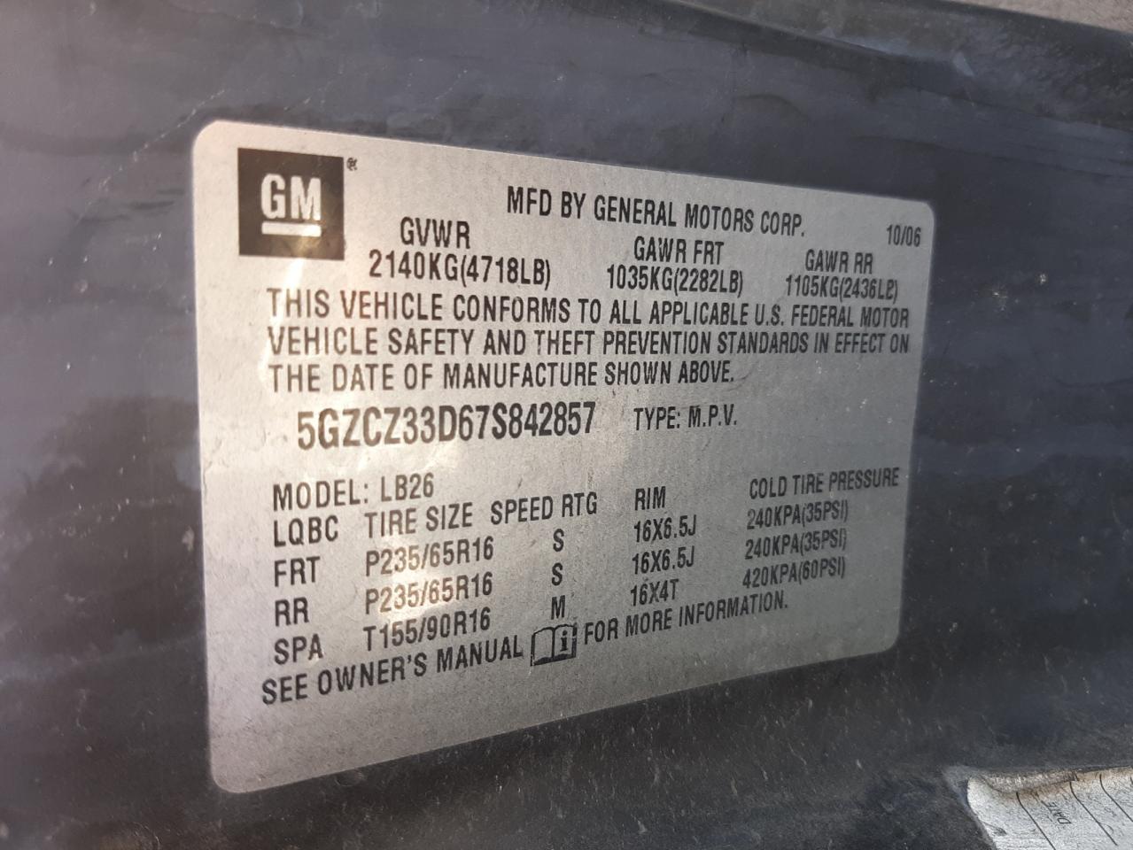 Photo 10 from auction – 2007 SATURN VUE with VIN 5GZCZ33D67S842857