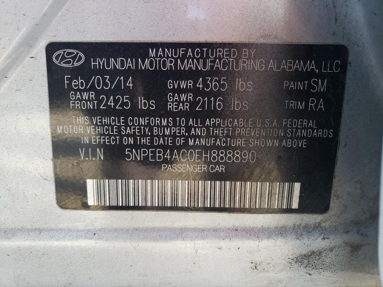 Photo 10 from auction – 2014 HYUNDAI SONATA GLS with VIN 5NPEB4AC0EH888890