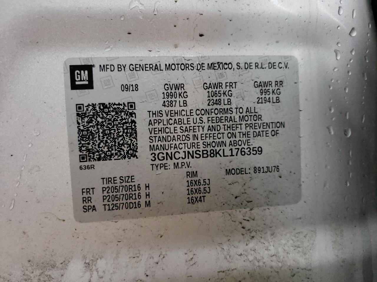 Photo 10 from auction – 2019 CHEVROLET TRAX LS with VIN 3GNCJNSB8KL176359