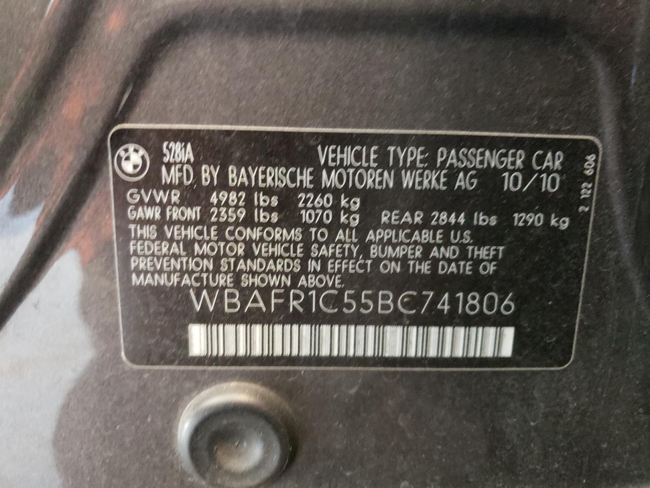 Photo 10 from auction – 2011 BMW 528 I with VIN WBAFR1C55BC741806