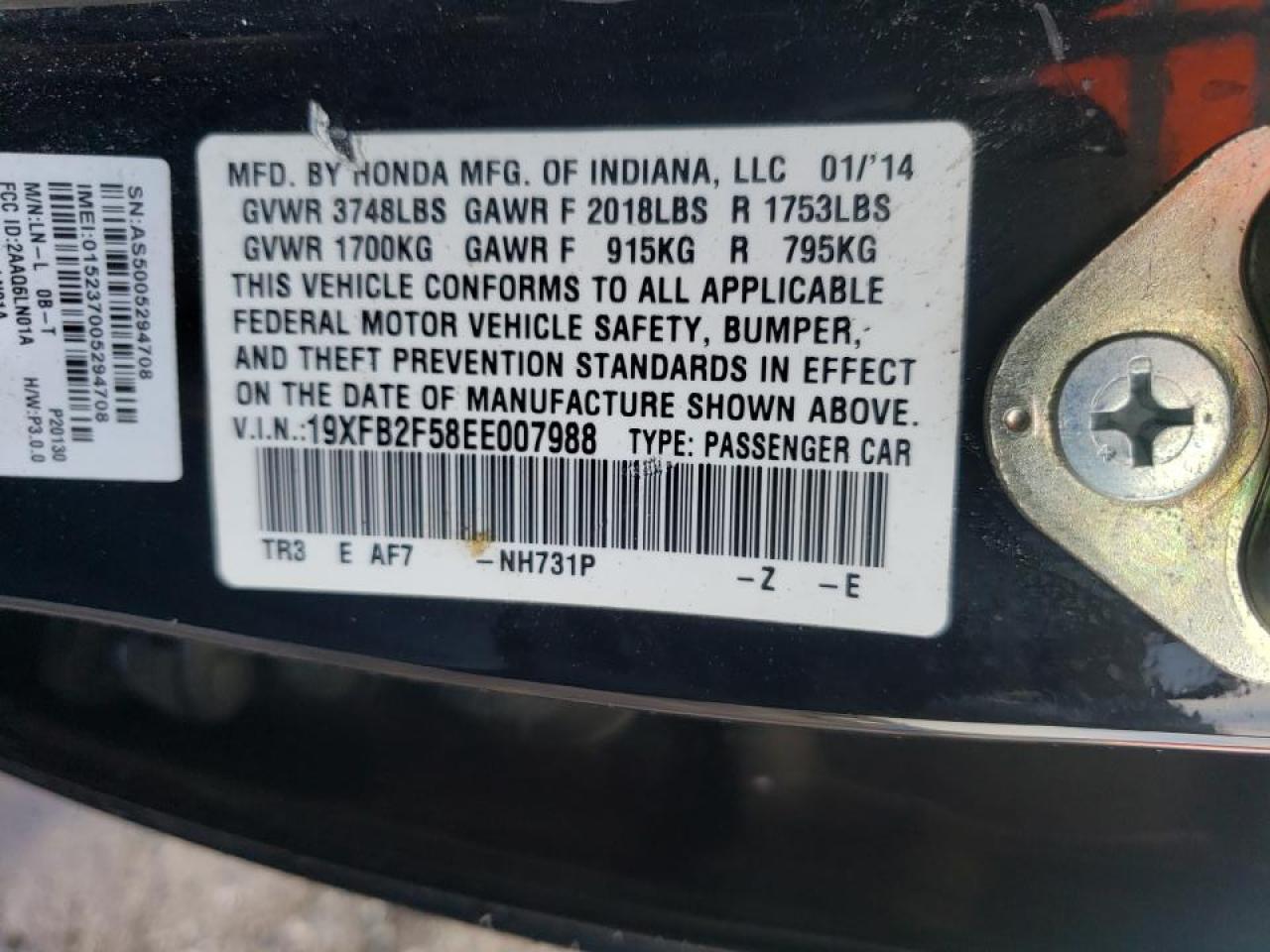 Photo 10 from auction – 2014 HONDA CIVIC LX with VIN 19XFB2F58EE007988