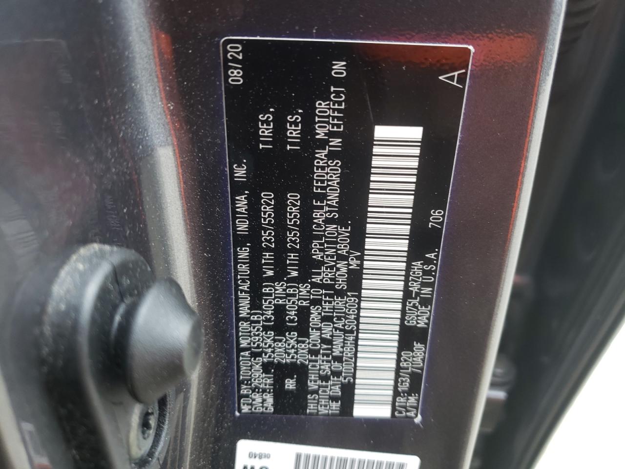 Photo 10 from auction – 2020 TOYOTA HIGHLANDER with VIN 5TDDZRBH4LS046091