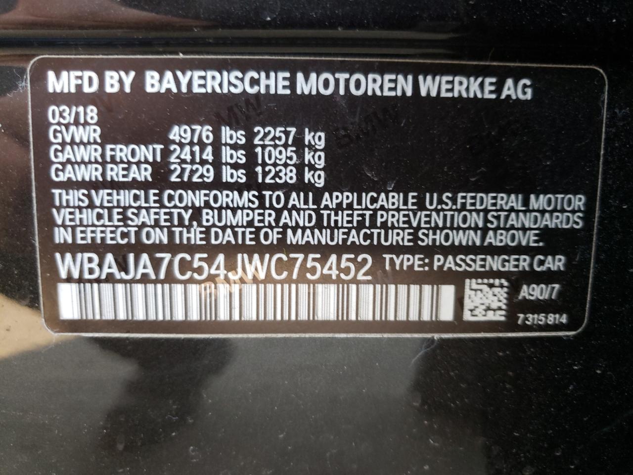 Photo 10 from auction – 2018 BMW 530 XI with VIN WBAJA7C54JWC75452