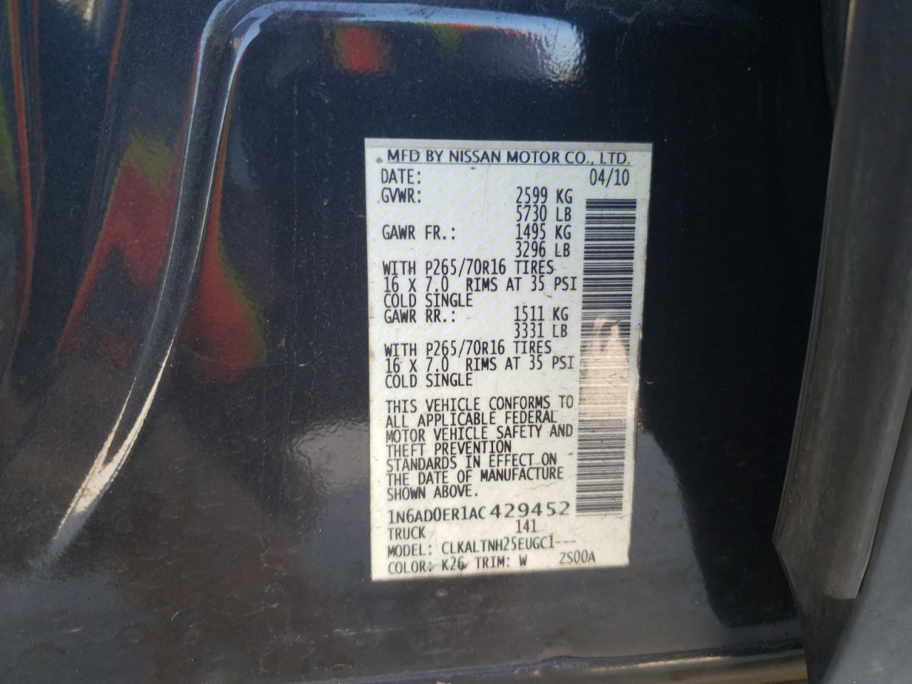 Photo 10 from auction – 2010 NISSAN FRONTIER C with VIN 1N6AD0ER1AC429452