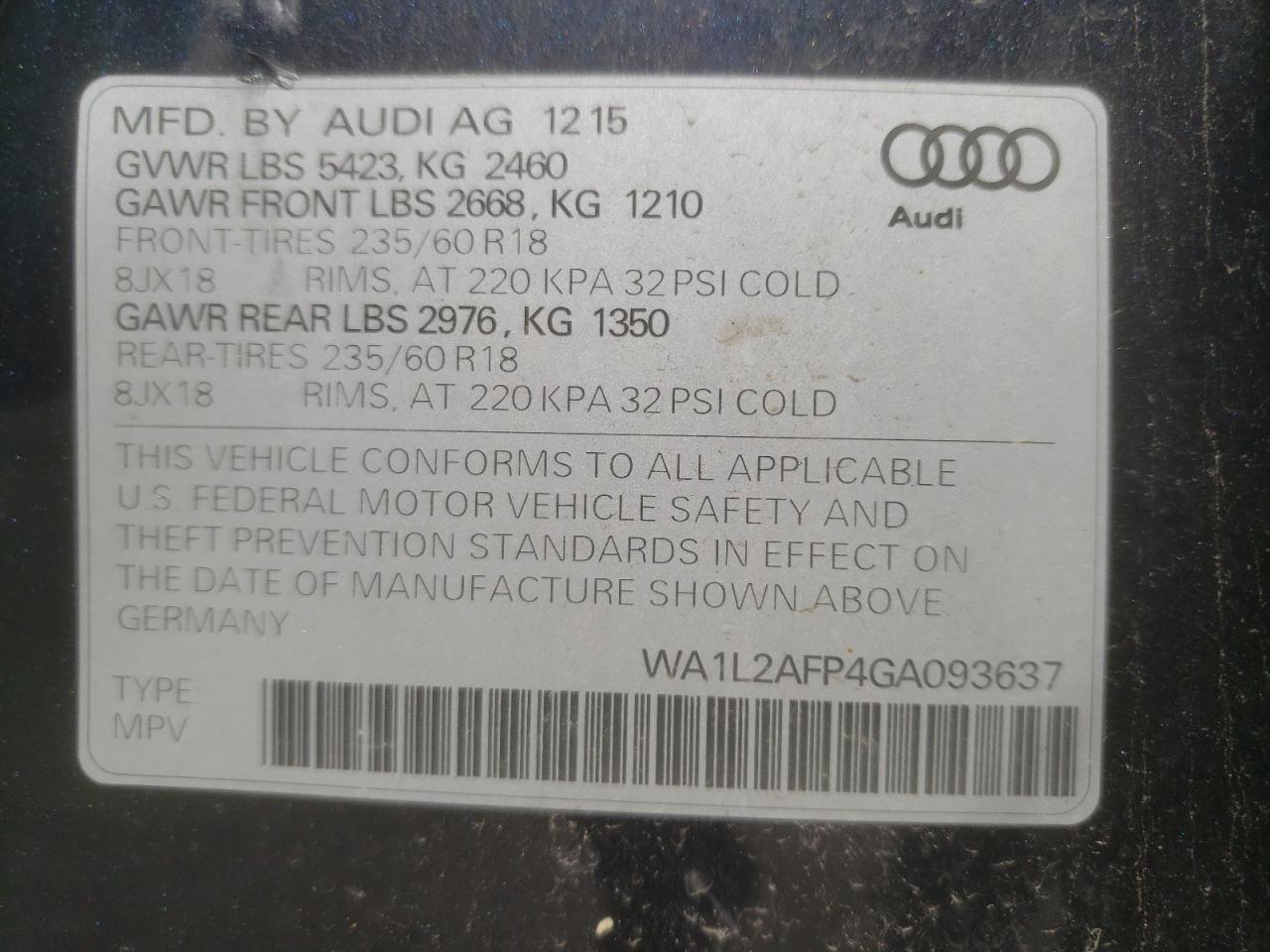 Photo 10 from auction – 2016 AUDI Q5 PREMIUM with VIN WA1L2AFP4GA093637