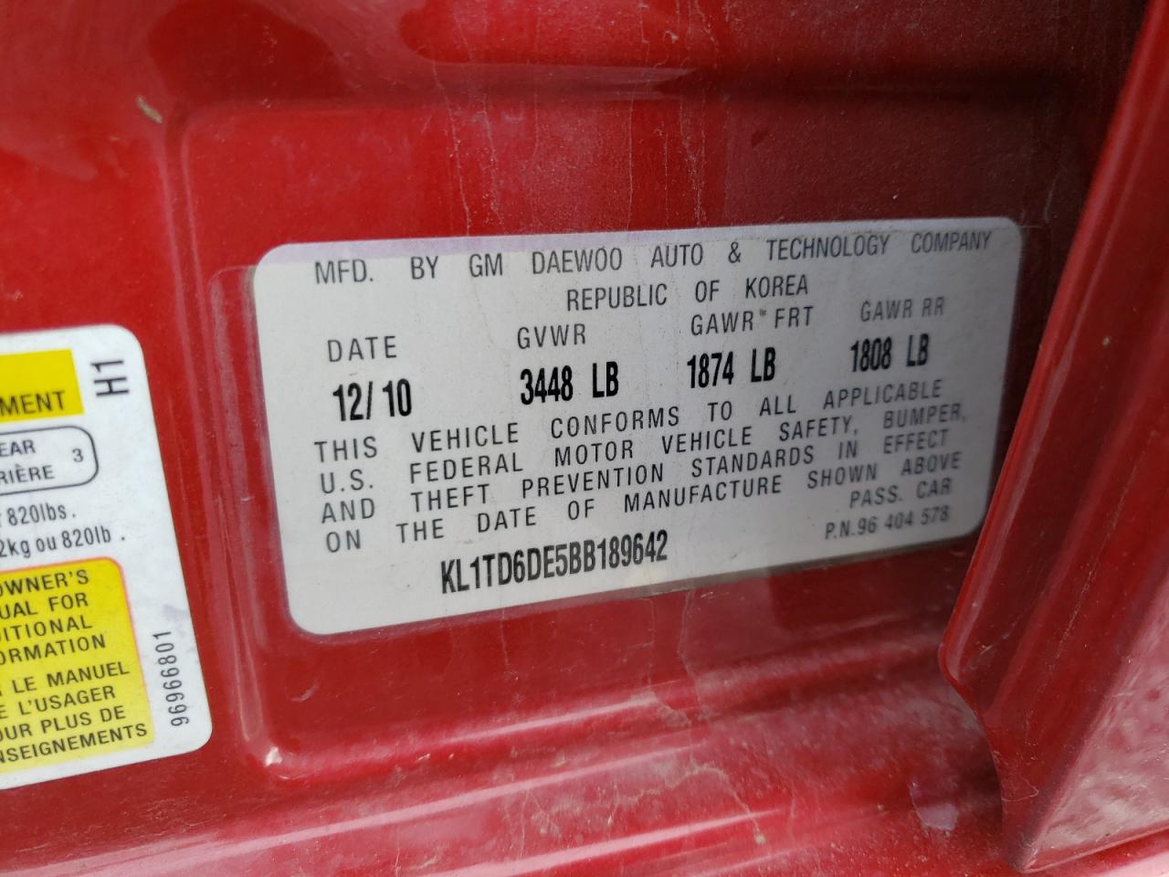 Photo 10 from auction – 2011 CHEVROLET AVEO LS with VIN KL1TD6DE5BB189642