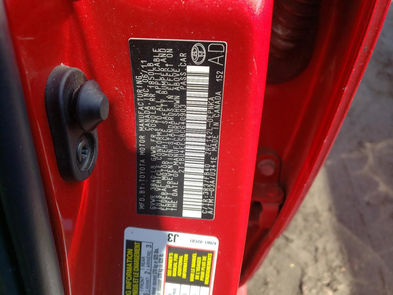 Photo 10 from auction – 2011 TOYOTA COROLLA BA with VIN 2T1BU4EE5BC640903