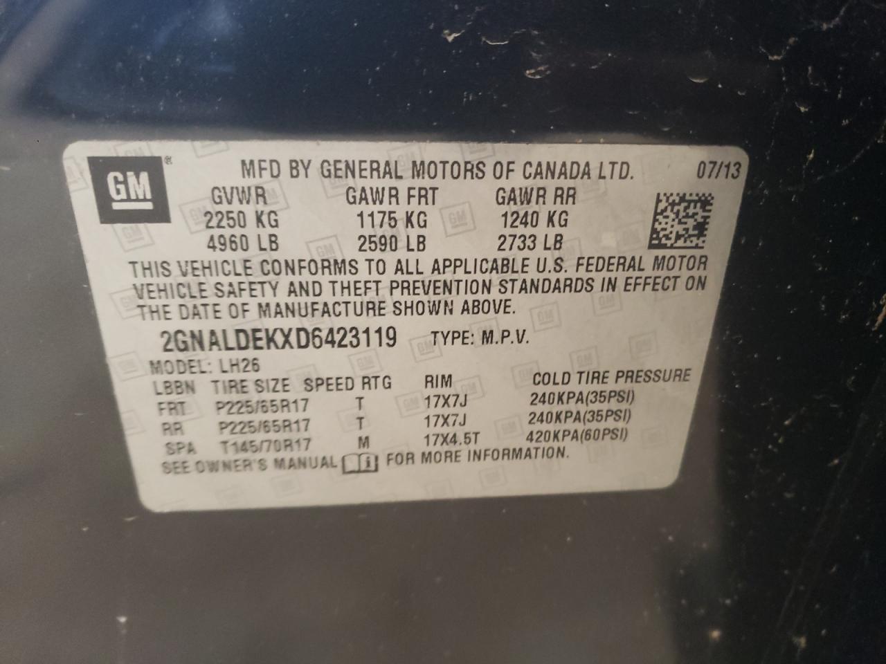Photo 10 from auction – 2013 CHEVROLET EQUINOX LT with VIN 2GNALDEKXD6423119