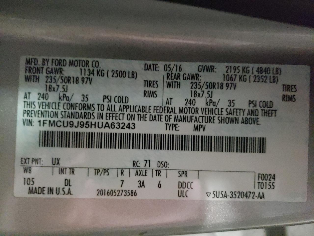 Photo 10 from auction – 2017 FORD ESCAPE TIT with VIN 1FMCU9J95HUA63243