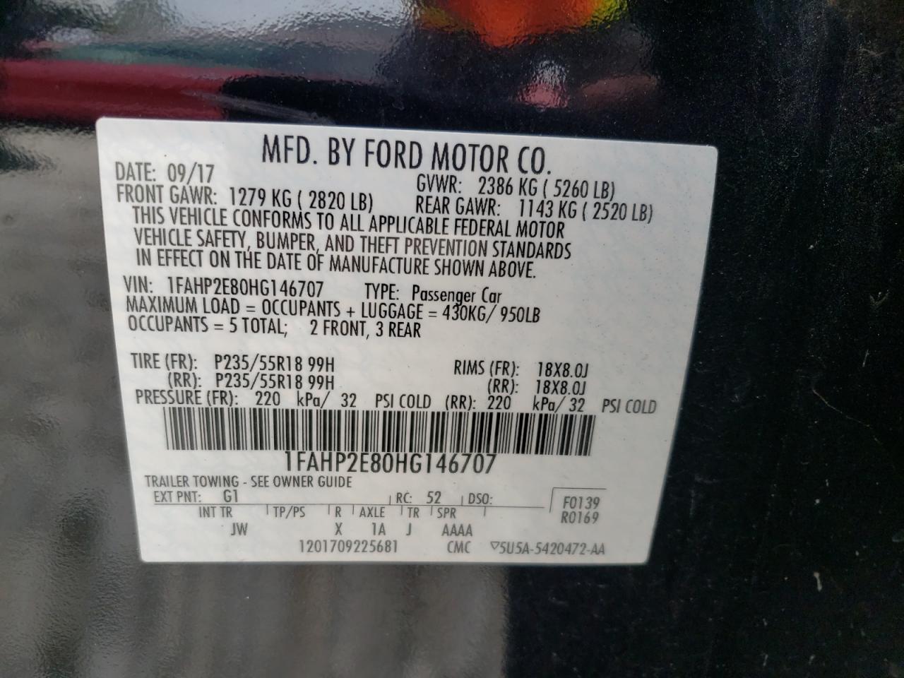 Photo 10 from auction – 2017 FORD TAURUS SEL with VIN 1FAHP2E80HG146707