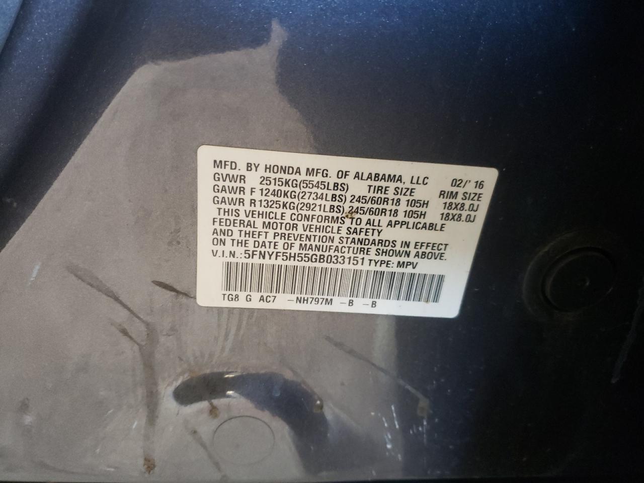 Photo 10 from auction – 2016 HONDA PILOT EXL with VIN 5FNYF5H55GB033151