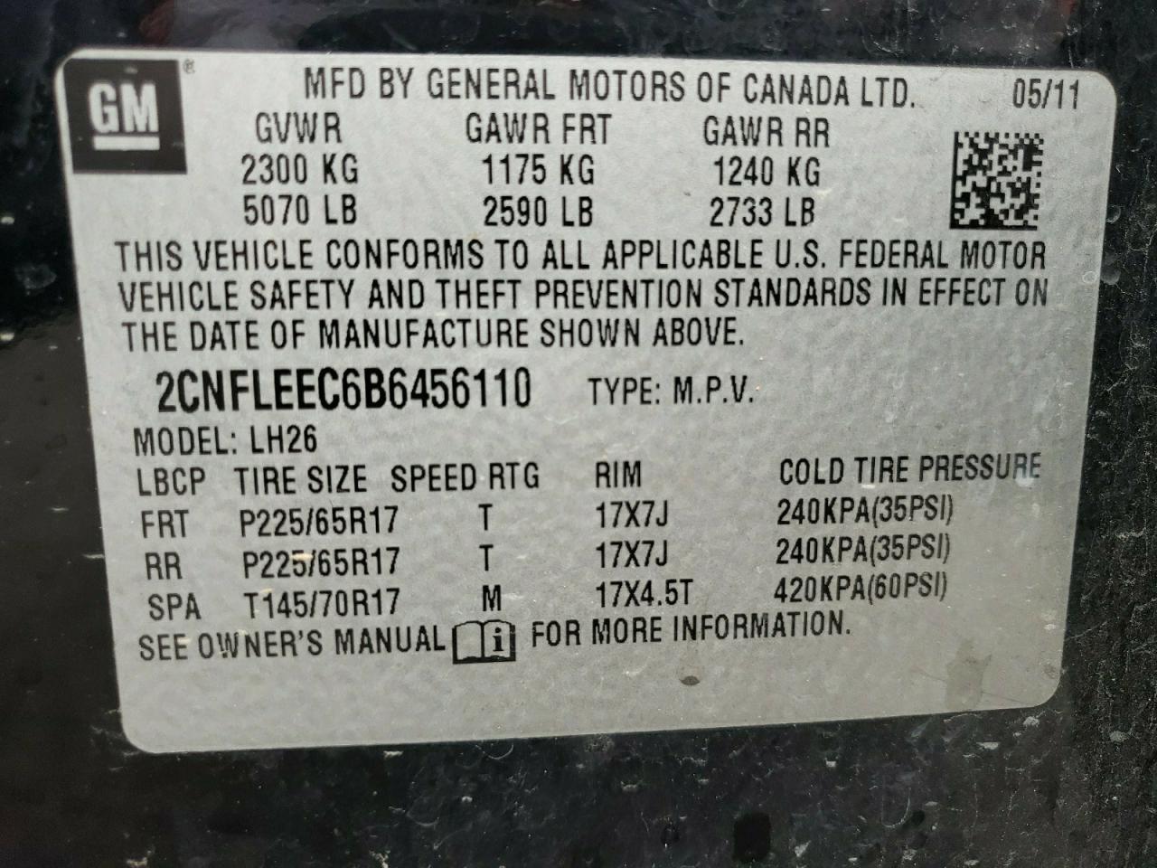 Photo 20 from auction – 2011 CHEVROLET EQUINOX LT with VIN 2CNFLEEC6B6456110